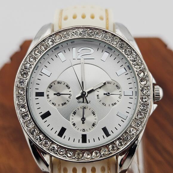 Women's Silver Tone Multi-Dial Watch Crystal Rhinestone Beige Dot Band Bling - Picture 2 of 6